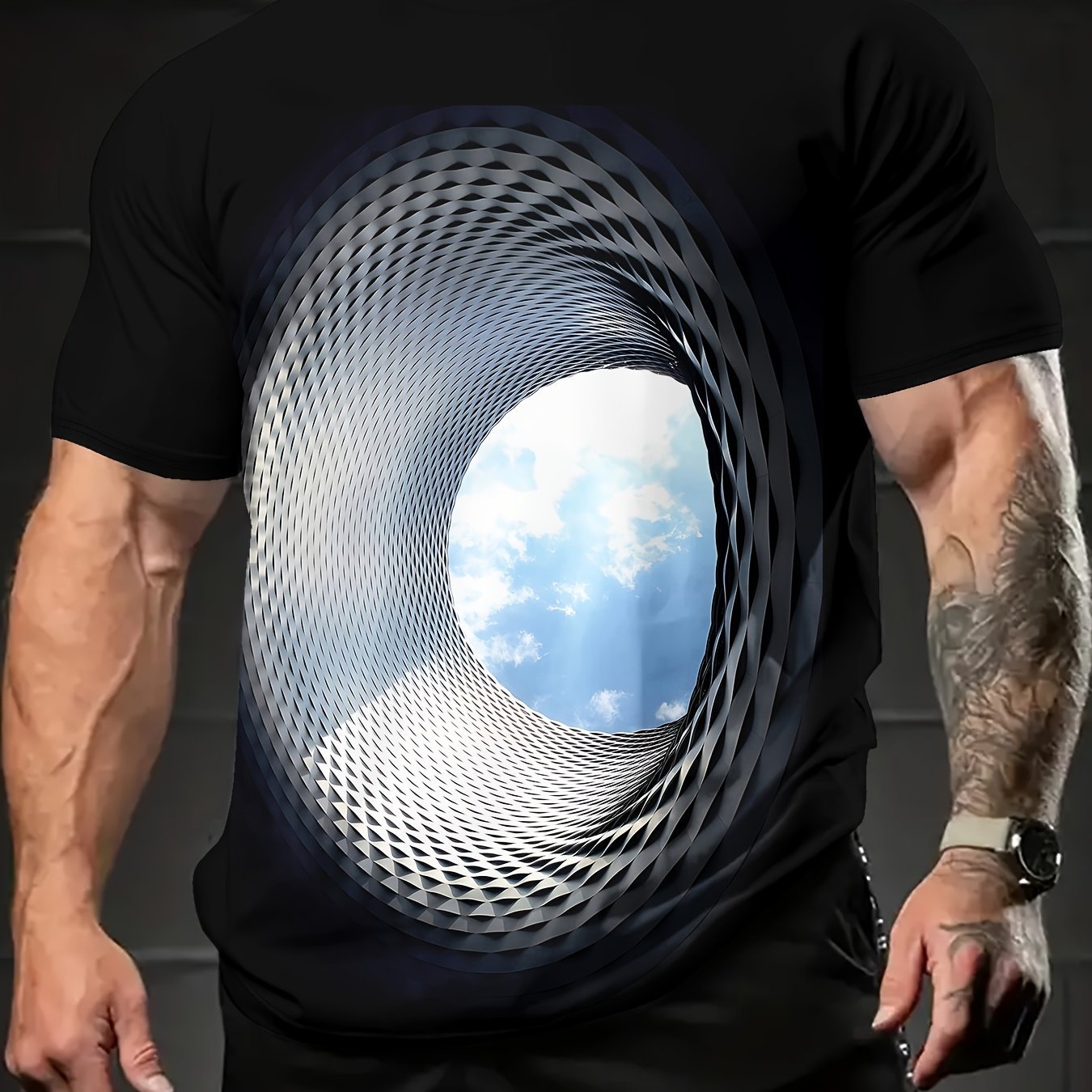 Men's 3D Hole Graphic Printed Round Neck Short Sleeved T-shirt, Casual Summer T-shirt, Suitable For Daily Wear And Vacation Destinations