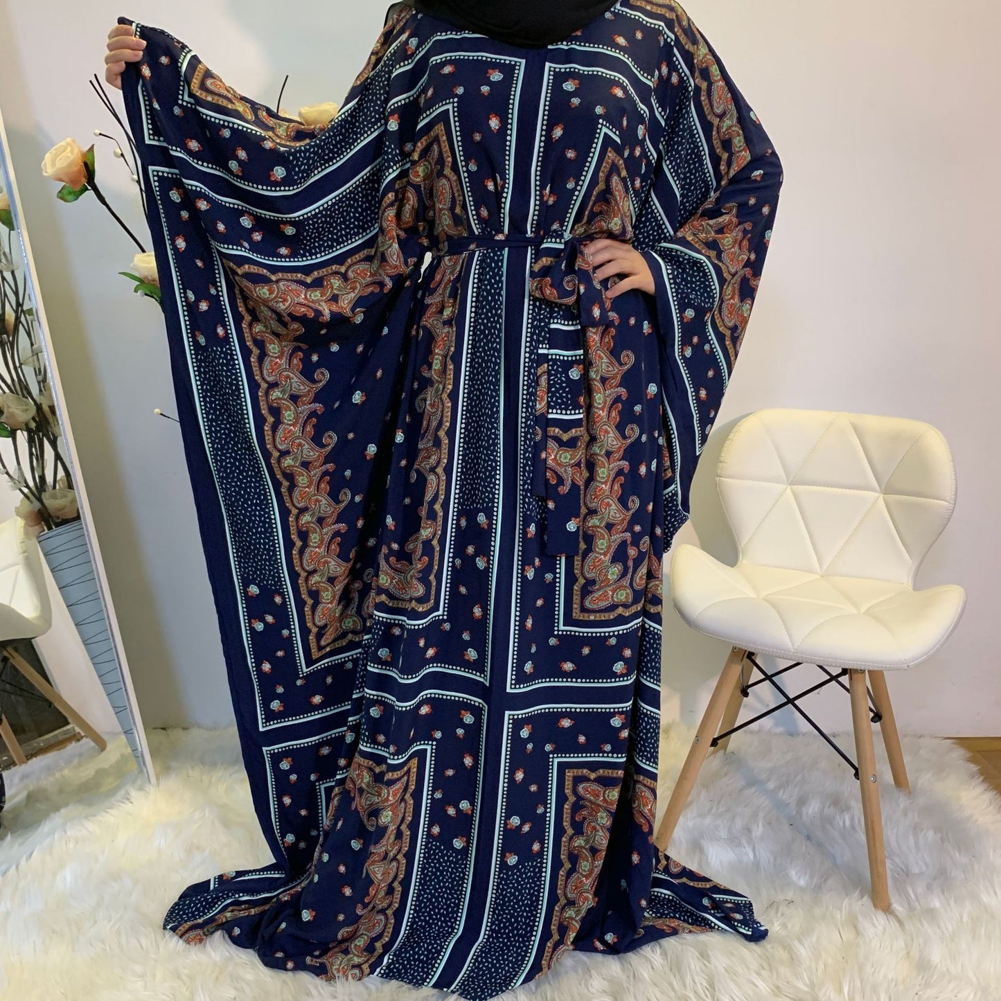 Fashion Print Elegant Loose Muslim Robe Batwing Sleeve Plus Size Women's Dress