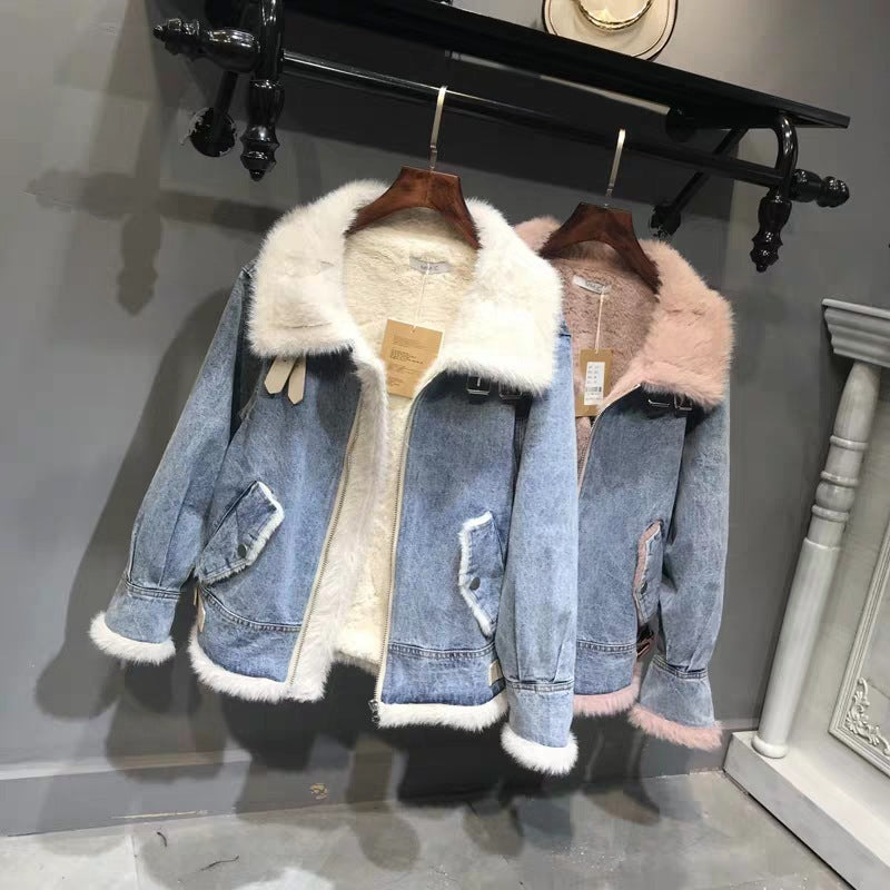 Fashion Plus Velvet Denim Jacket Women Short