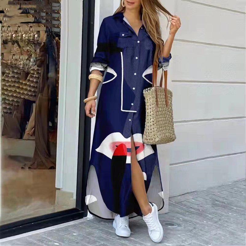 Womens Fashion Long Sleeve Printed  Long Dress