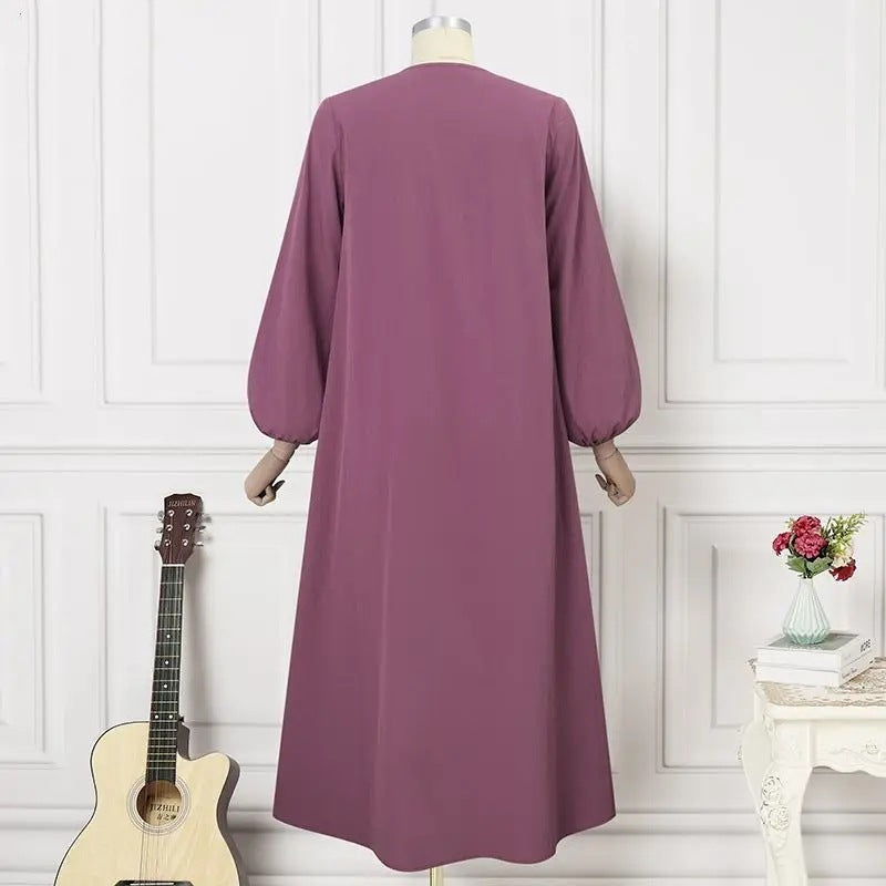 Muslim Robe Casual Lantern Sleeve Simple Solid Color Dress