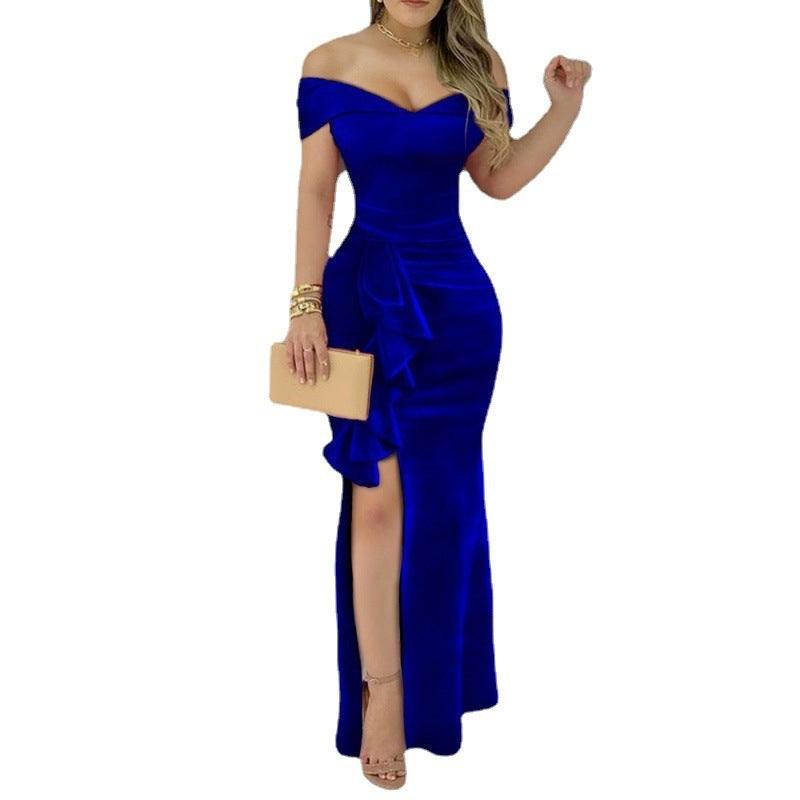 Velvet Off-shoulder Slit V-neck Ladies Dress