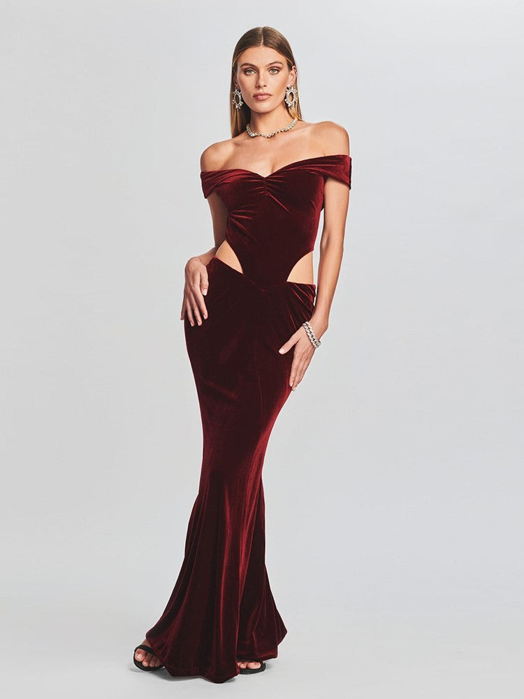 One-line Shoulder Sexy Waist-less Velvet Dress