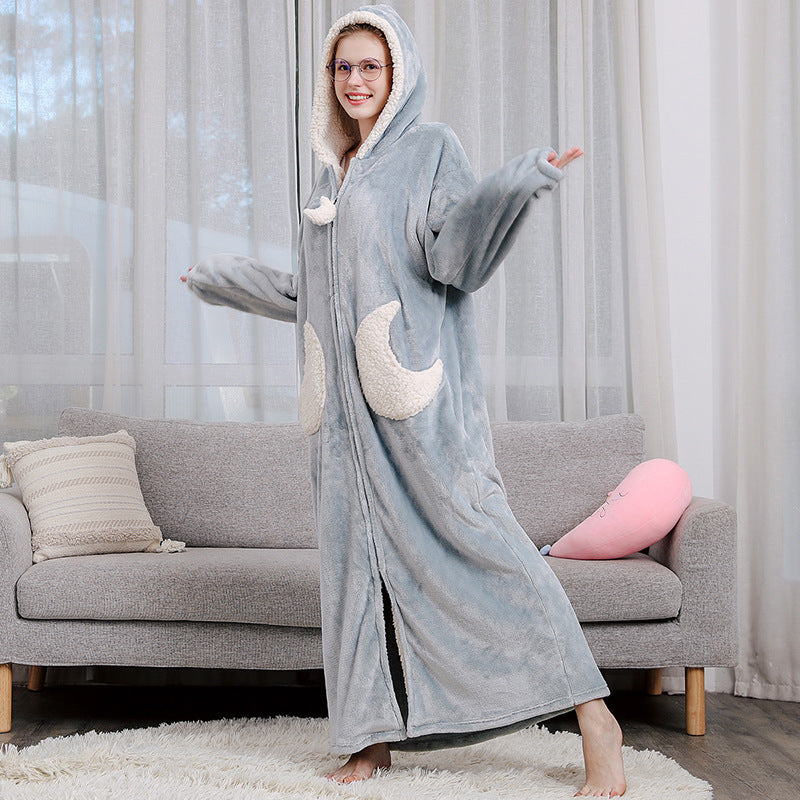 Women Men Winter Bath Robe Hooded Night Dress Gown Sleepwear