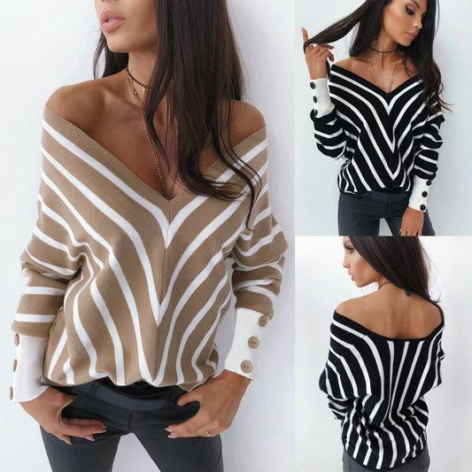 Striped V-neck strapless long sleeves