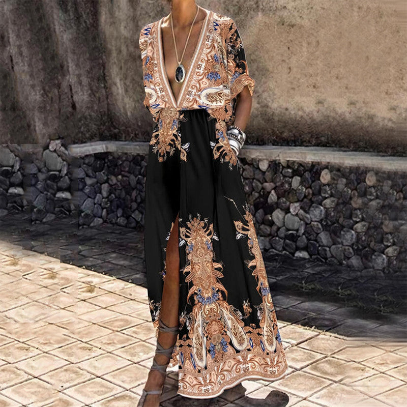 Vintage Pattern Printed Boho Long Dress Women Sexy Deep V