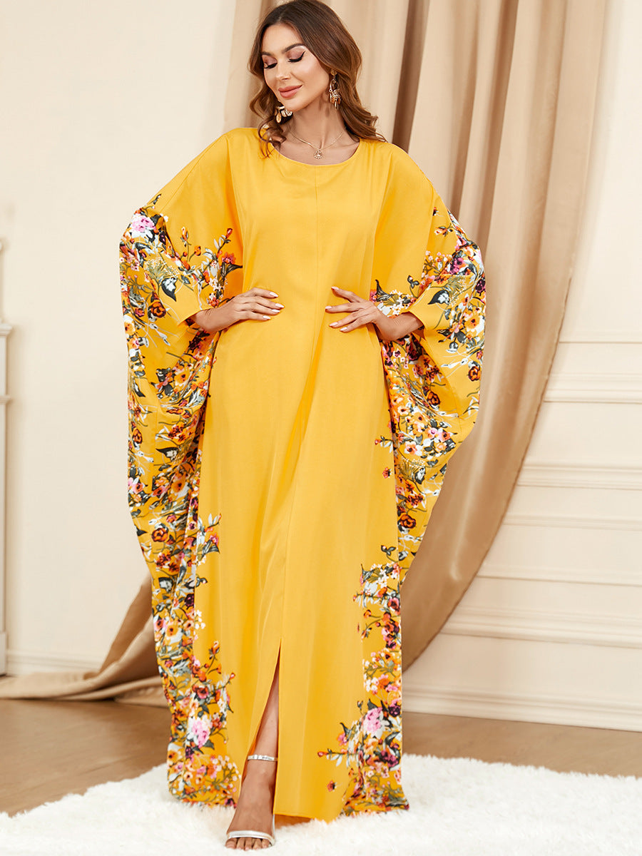 3422 Middle East Muslim Yellow Bat Sleeve Plus Size Dress