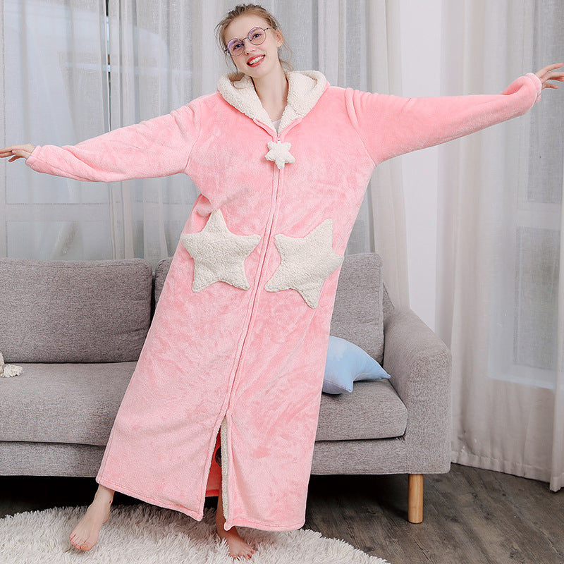 Women Men Winter Bath Robe Hooded Night Dress Gown Sleepwear