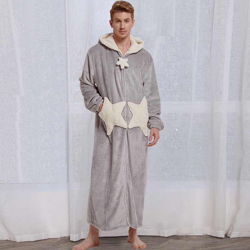 Women Men Winter Bath Robe Hooded Night Dress Gown Sleepwear