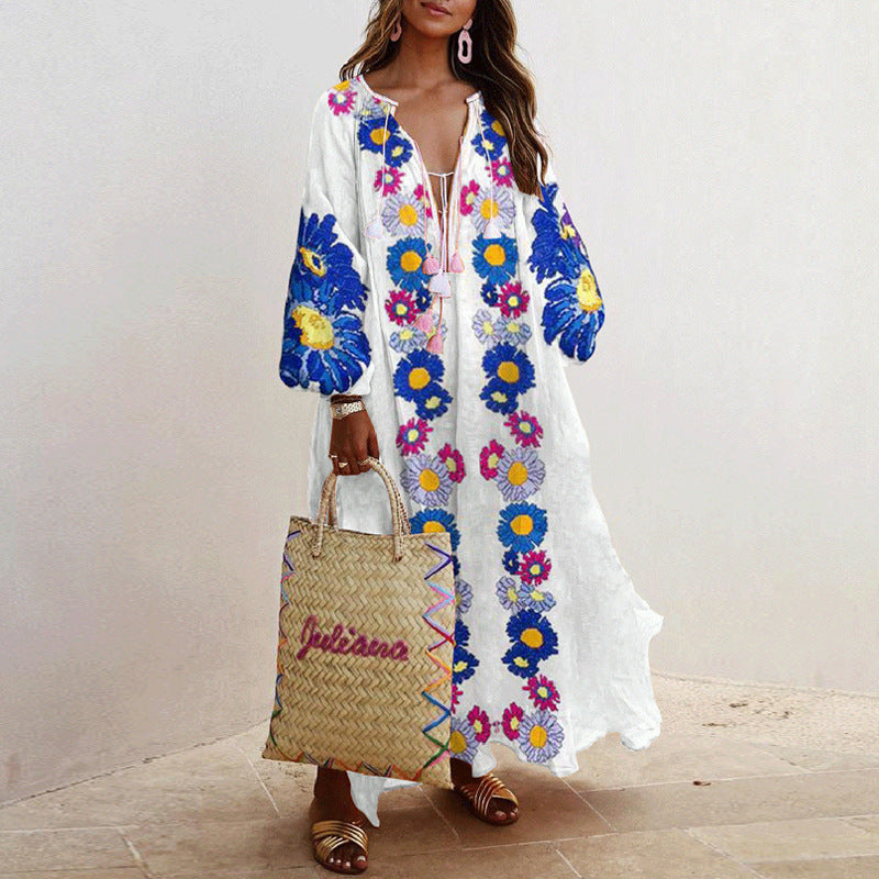 V-neck Long-sleeved Printed Long Loose Dress