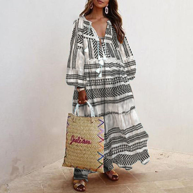 V-neck Long-sleeved Printed Long Loose Dress