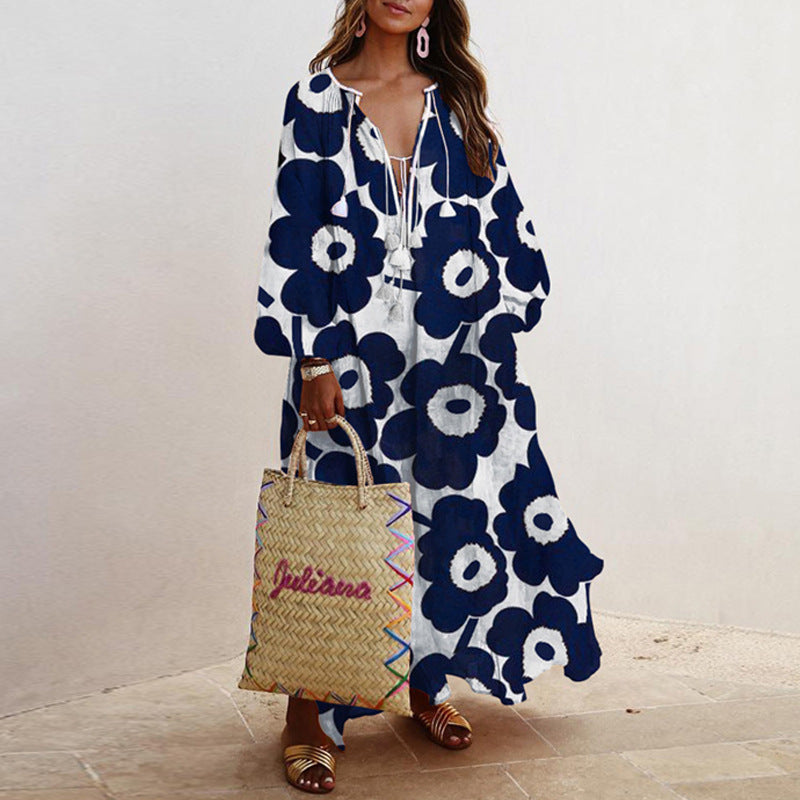 V-neck Long-sleeved Printed Long Loose Dress