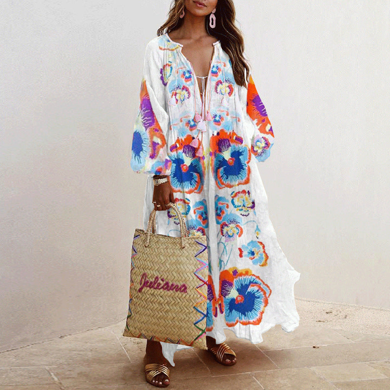 V-neck Long-sleeved Printed Long Loose Dress