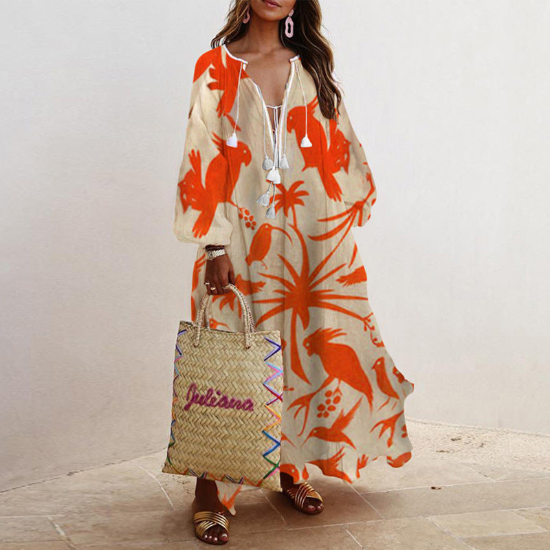 V-neck Long-sleeved Printed Long Loose Dress