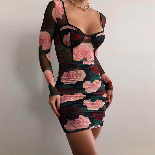 Sexy Net Yarn Rose Flower Long-sleeved Dress Women