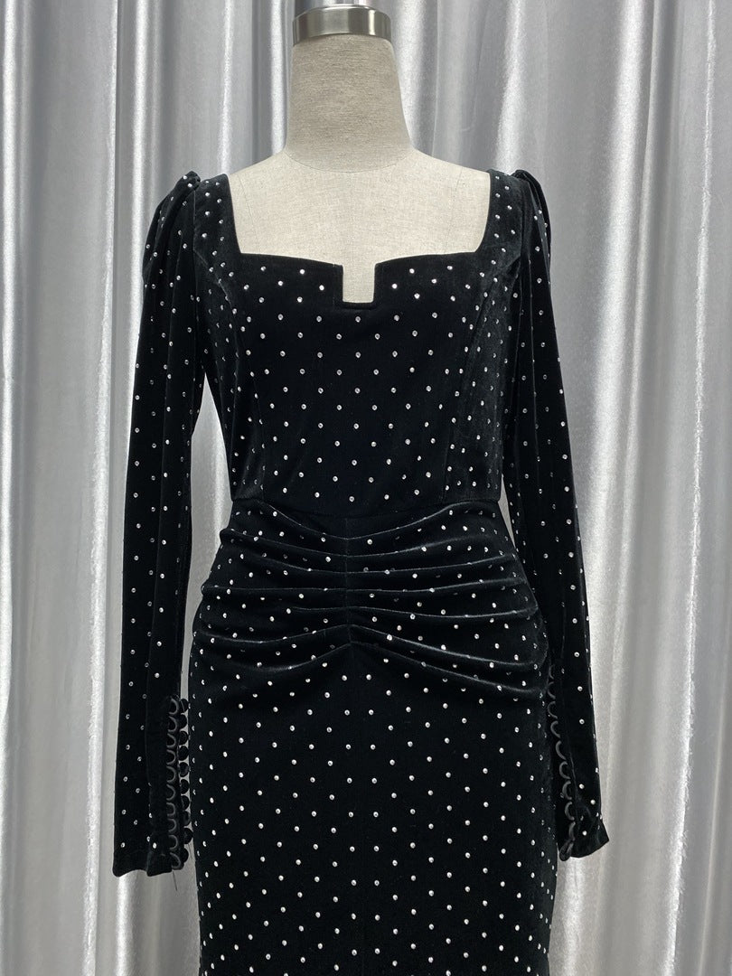 Velvet Hot Rhinestone Square Neck Dress