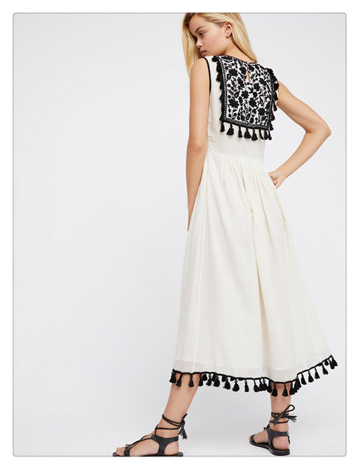 Bohemian Embroidered Floral Fringe Sleeveless Vest Dress