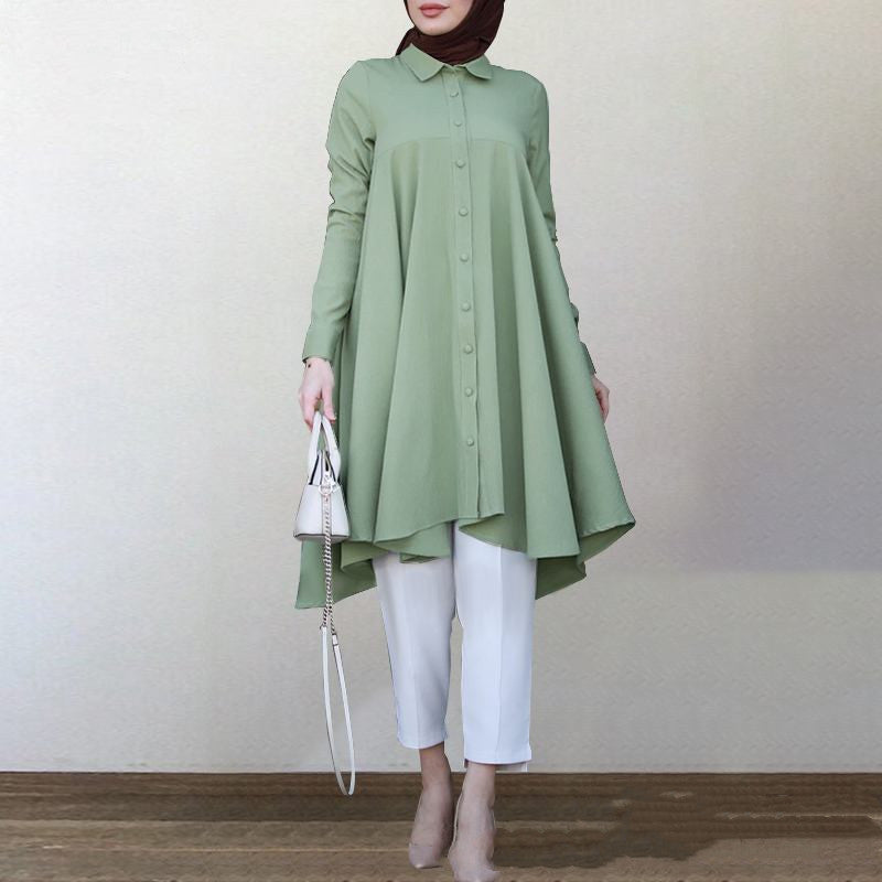 Women's New Muslim Solid Color Lapel Hem Long-sleeved Shirt