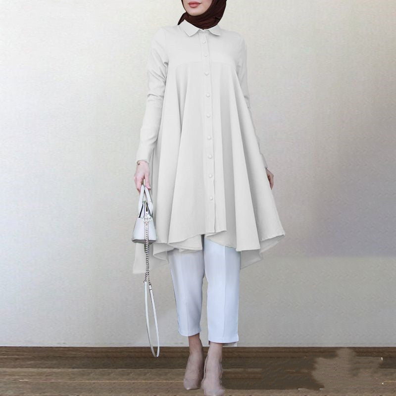 Women's New Muslim Solid Color Lapel Hem Long-sleeved Shirt