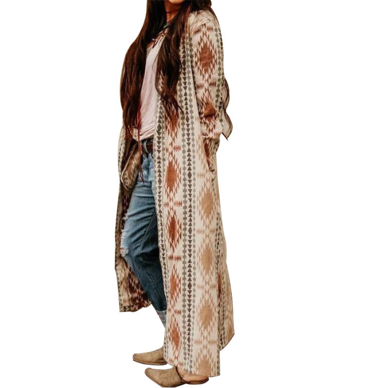 Print Long Sleeve Long Knit Coat