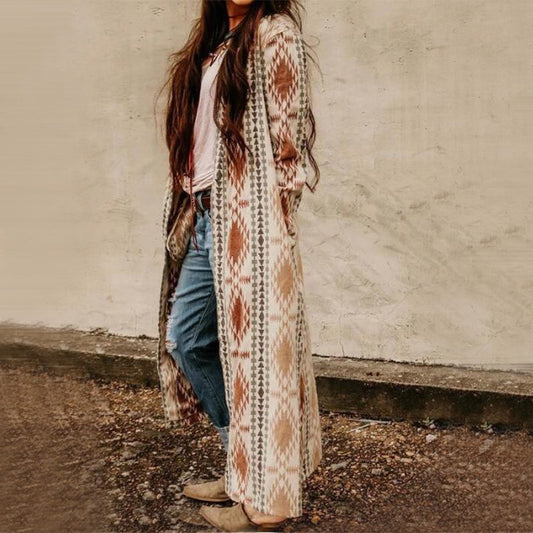 Print Long Sleeve Long Knit Coat