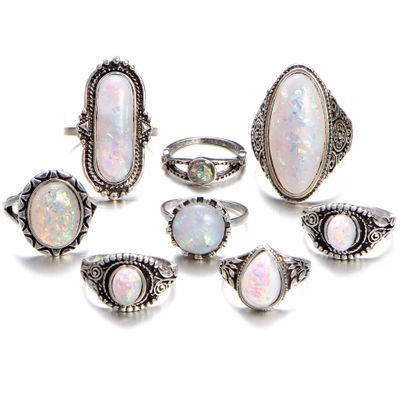 Vintage 8Pcs/Set Colorful Stone Metalic Rings