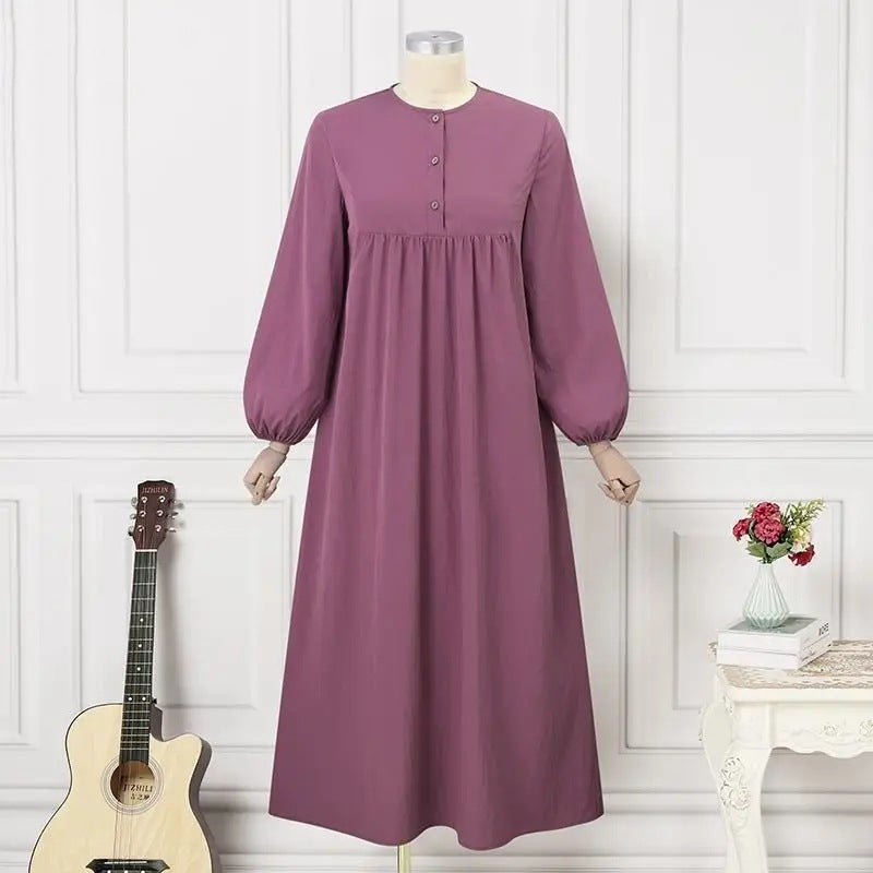 Muslim Robe Casual Lantern Sleeve Simple Solid Color Dress