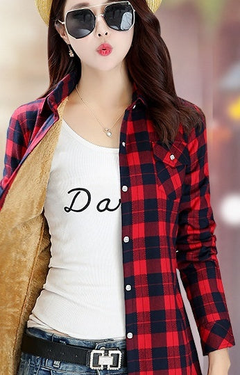 Warm new ladies plaid shirt women plus velvet thick plaid shirt British Slim long-sleeved shirt