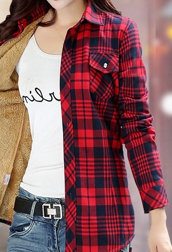 Warm new ladies plaid shirt women plus velvet thick plaid shirt British Slim long-sleeved shirt