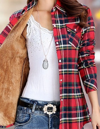 Warm new ladies plaid shirt women plus velvet thick plaid shirt British Slim long-sleeved shirt