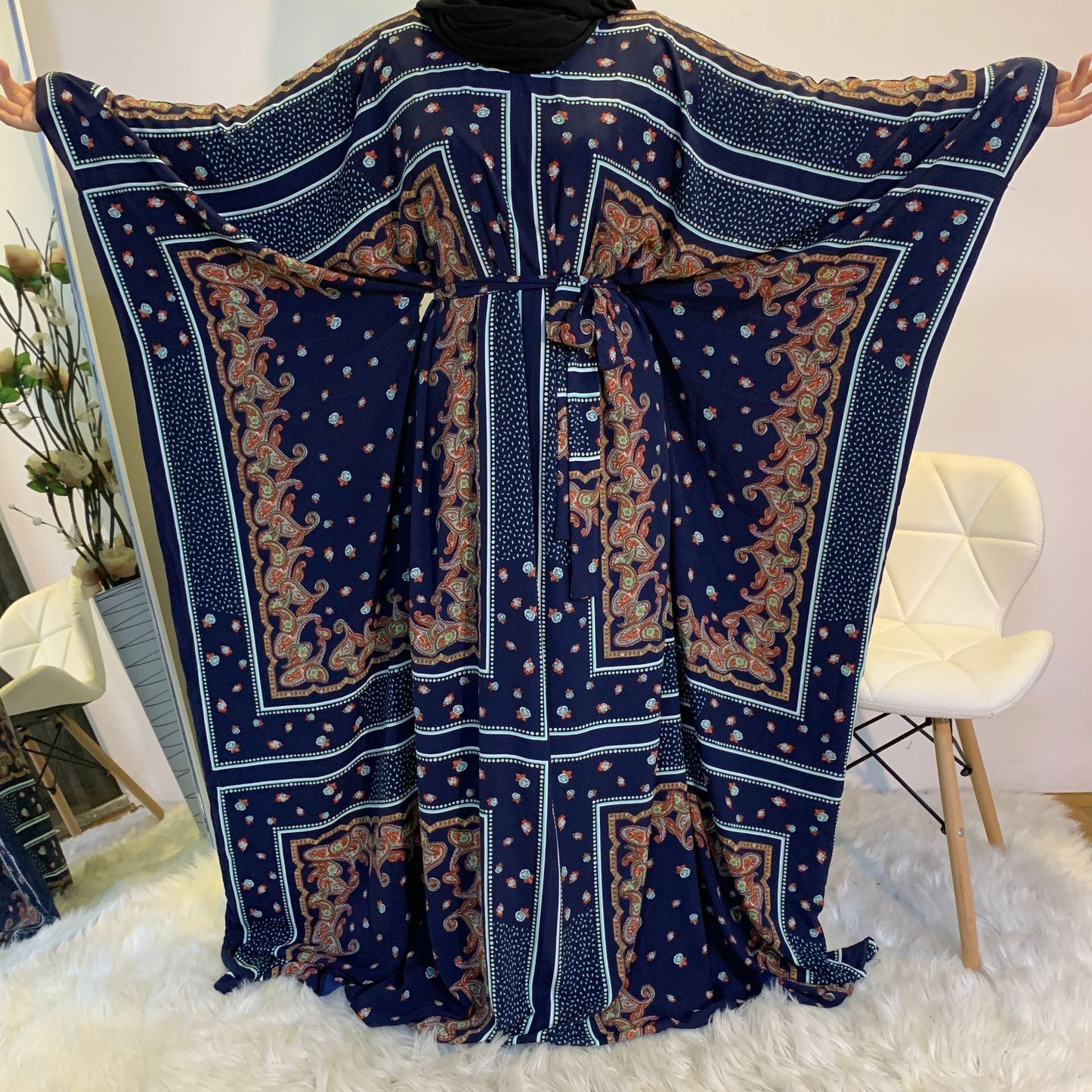 Fashion Print Elegant Loose Muslim Robe Batwing Sleeve Plus Size Women's Dress