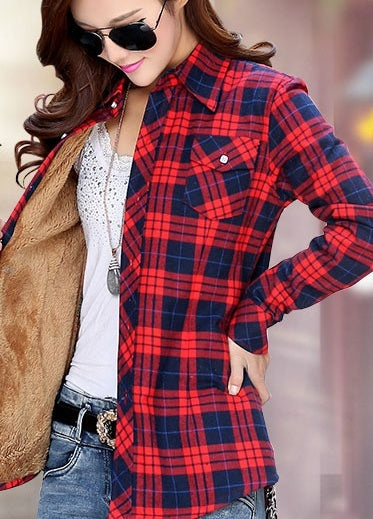 Warm new ladies plaid shirt women plus velvet thick plaid shirt British Slim long-sleeved shirt