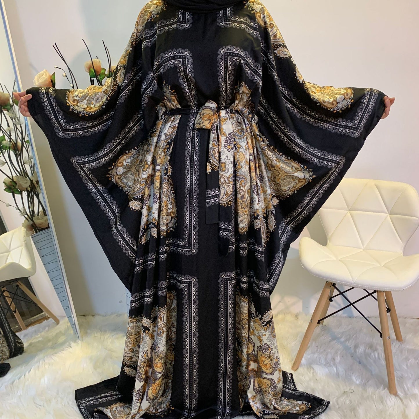 Fashion Print Elegant Loose Muslim Robe Batwing Sleeve Plus Size Women's Dress