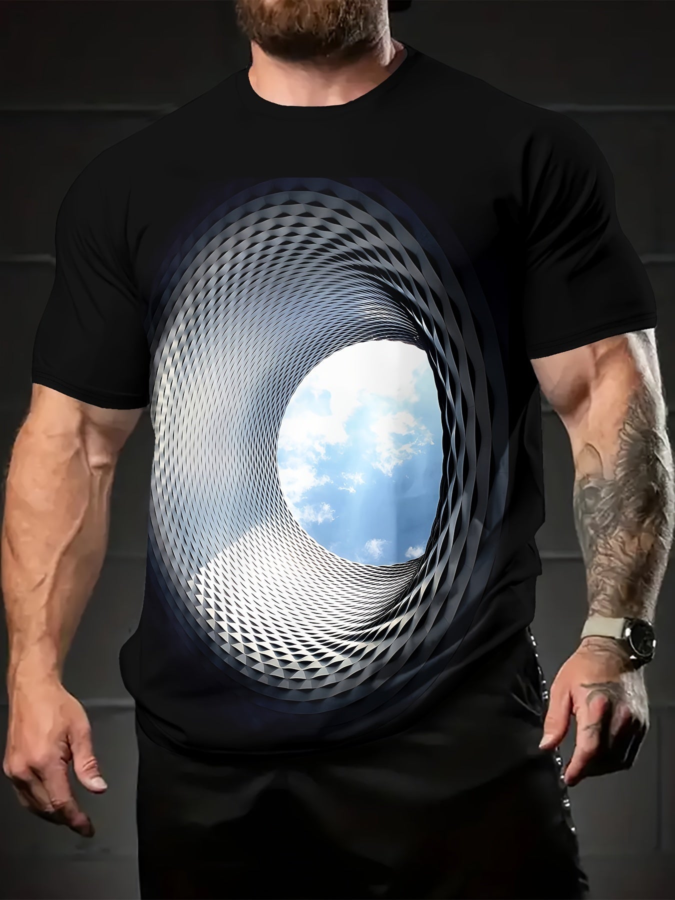 Men's 3D Hole Graphic Printed Round Neck Short Sleeved T-shirt, Casual Summer T-shirt, Suitable For Daily Wear And Vacation Destinations