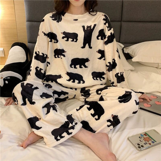 Pajamas Women's Winter Flannel Korean Style Long-sleeved Thickened Velvet Coral Fleece Cute Autumn And Winter Homewear Suit Women