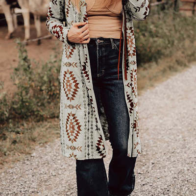 Print Long Sleeve Long Knit Coat