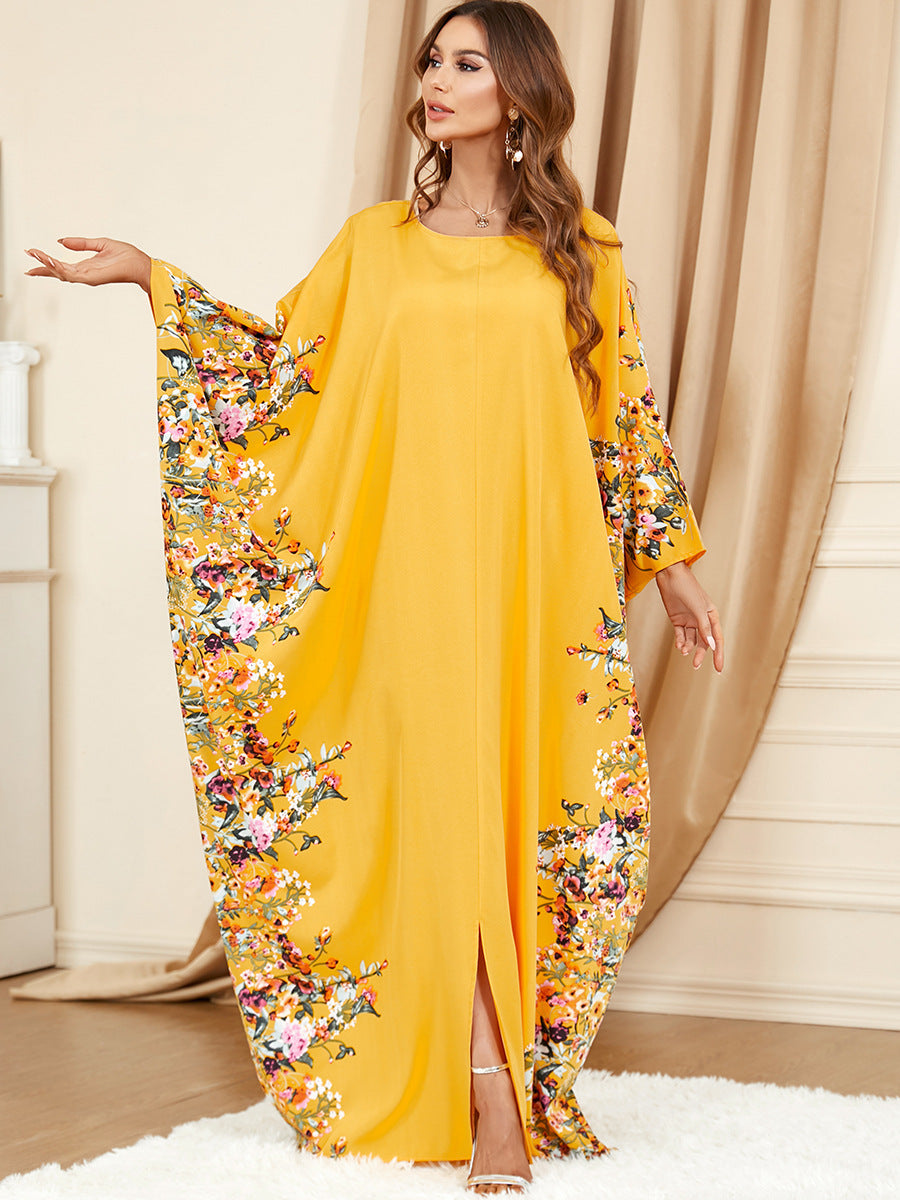 3422 Middle East Muslim Yellow Bat Sleeve Plus Size Dress