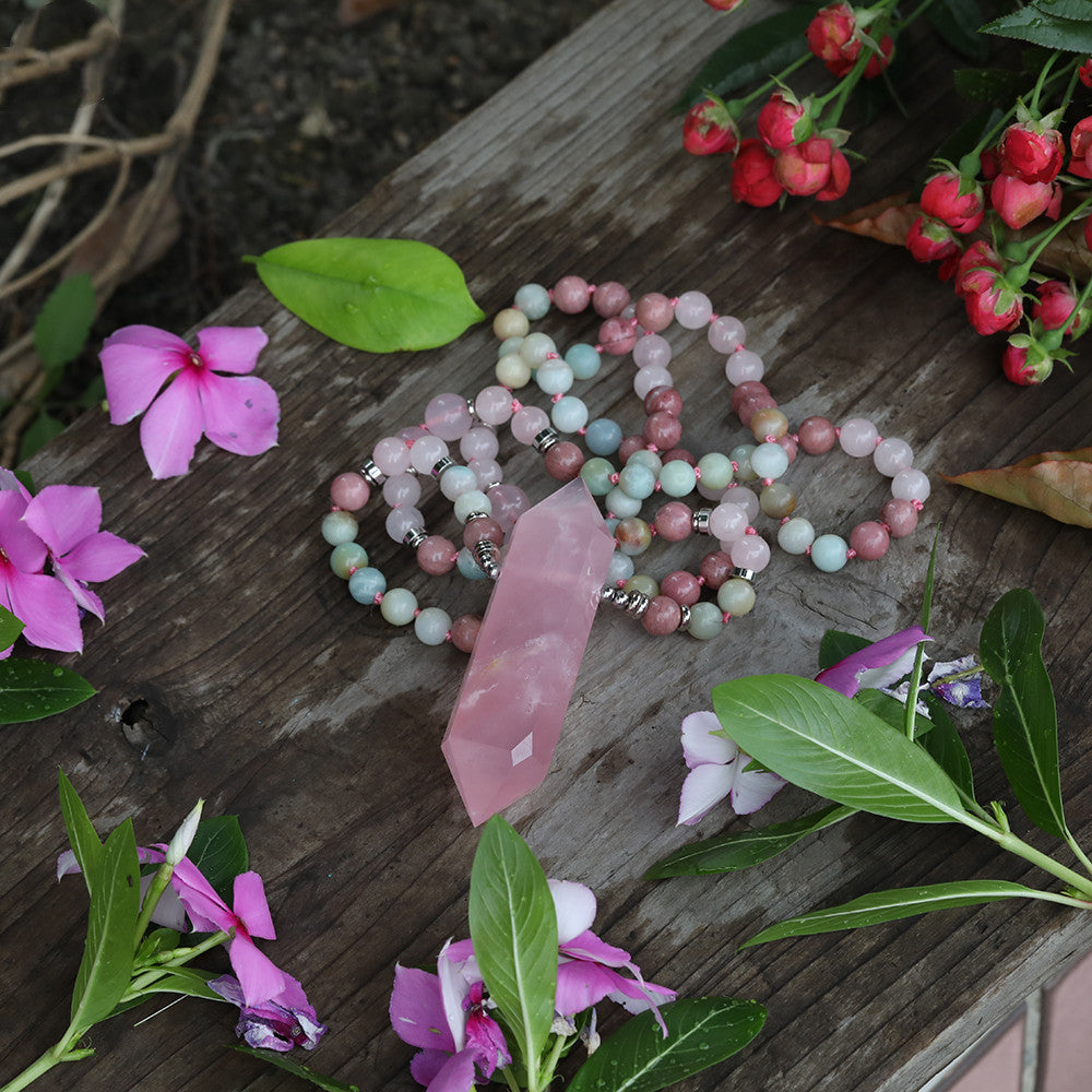 Natural Quartz Double Point Pendant 8mm Prayer Beads Knotted Handmade Necklace