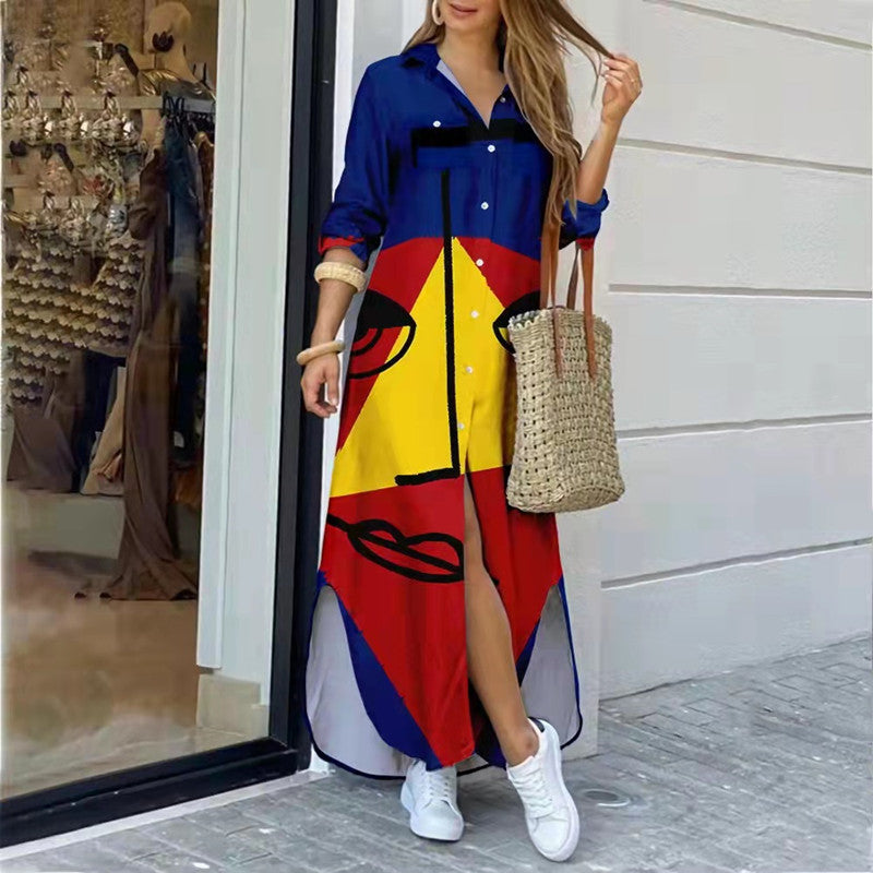 Womens Fashion Long Sleeve Printed  Long Dress