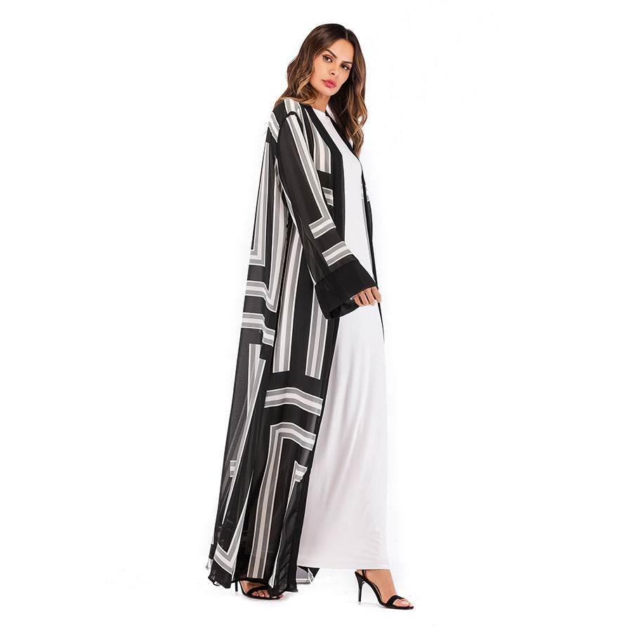 Muslim Stripe Loose Lace Cardigan Robe Female