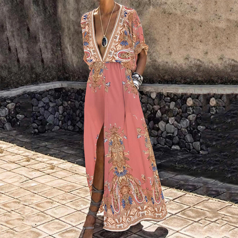 Vintage Pattern Printed Boho Long Dress Women Sexy Deep V