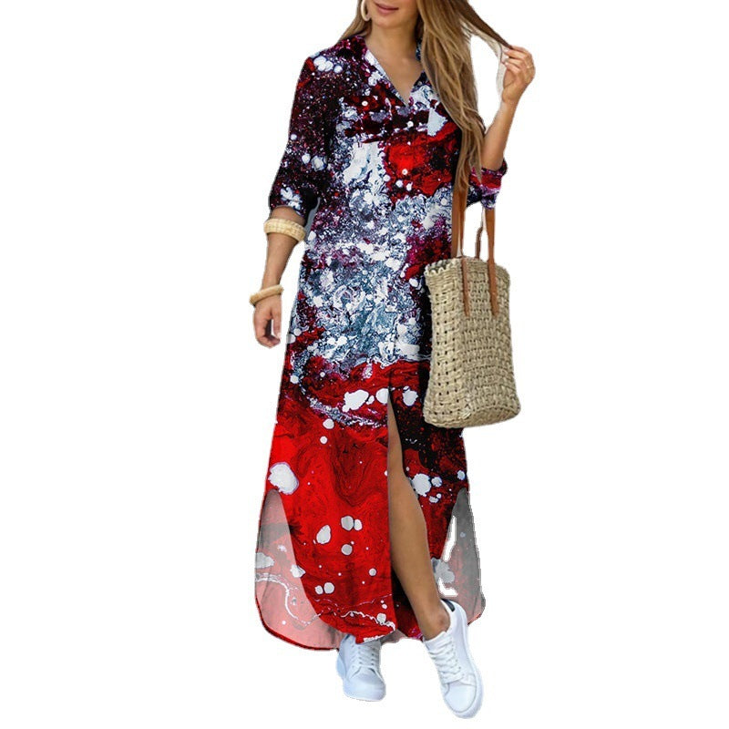 Womens Fashion Long Sleeve Printed  Long Dress