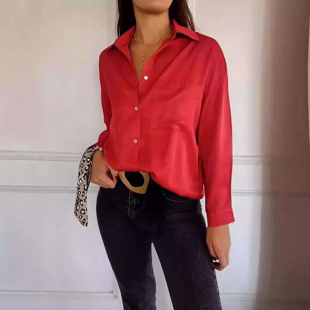 Women's Casual Long Sleeve Pocket Shirt Button Top