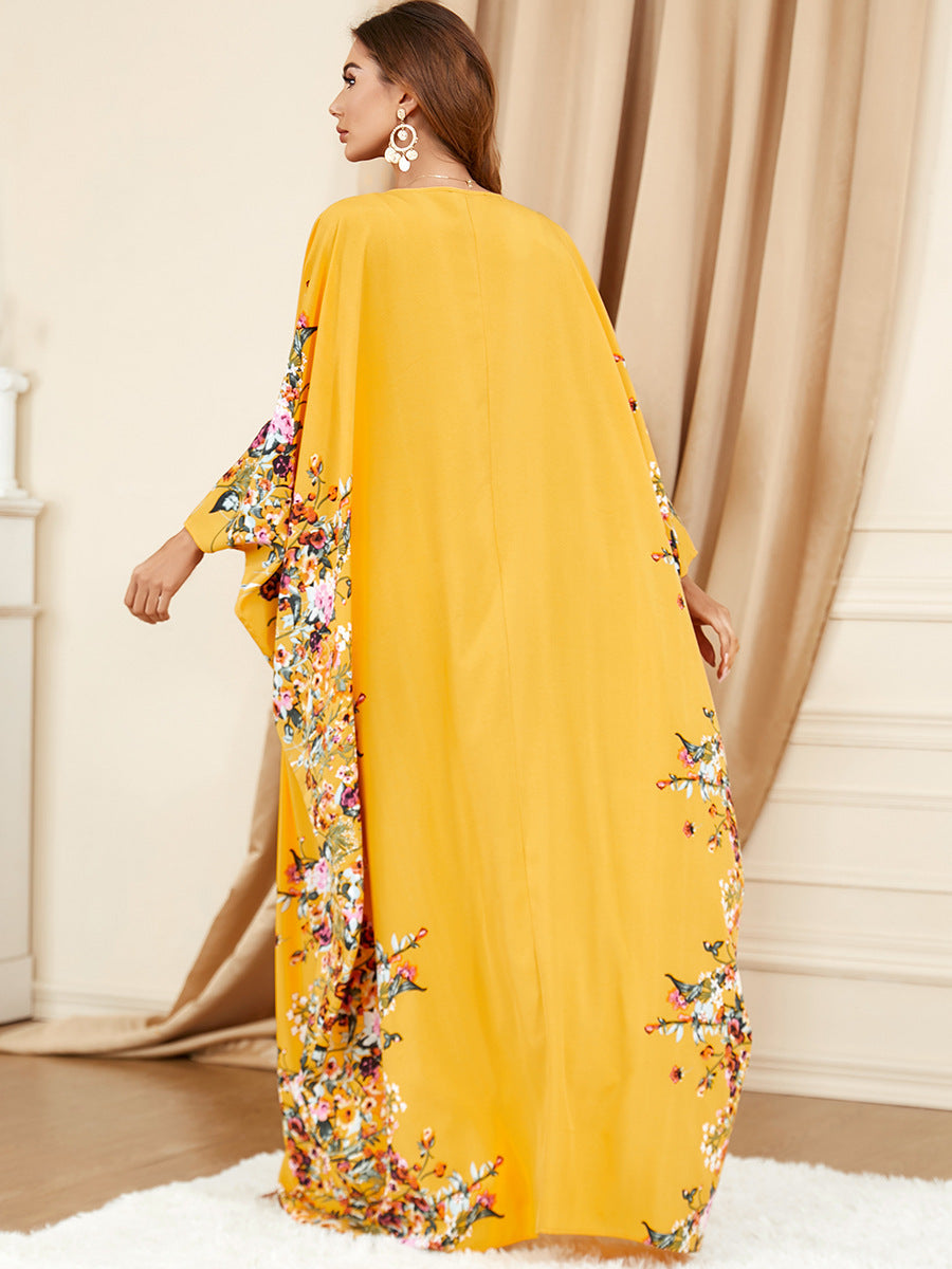 3422 Middle East Muslim Yellow Bat Sleeve Plus Size Dress