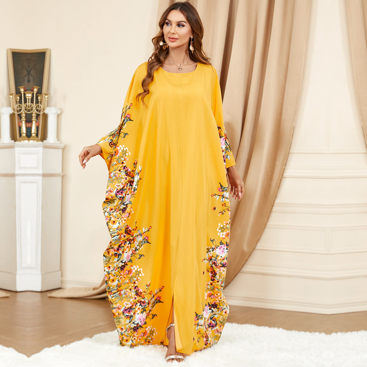 3422 Middle East Muslim Yellow Bat Sleeve Plus Size Dress