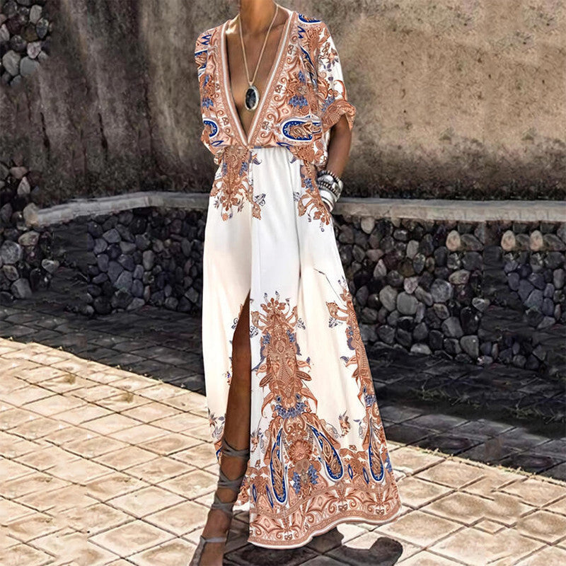 Vintage Pattern Printed Boho Long Dress Women Sexy Deep V