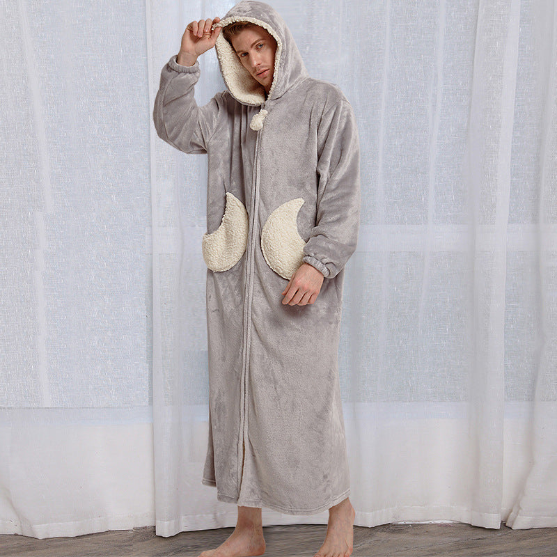 Women Men Winter Bath Robe Hooded Night Dress Gown Sleepwear