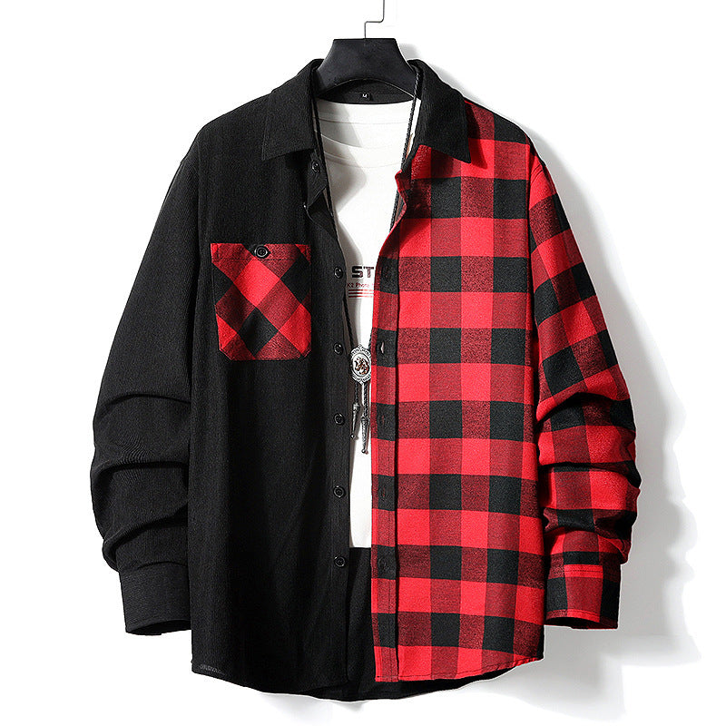 Fashion Casual Color-matching Plaid Shirt Autumn And Winter Corduroy Long-sleeved Lapel Shirt Loose Top Men's Clothing