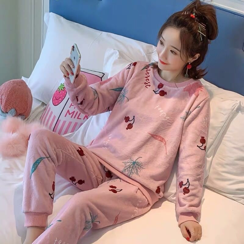 Pajamas Women's Winter Flannel Korean Style Long-sleeved Thickened Velvet Coral Fleece Cute Autumn And Winter Homewear Suit Women