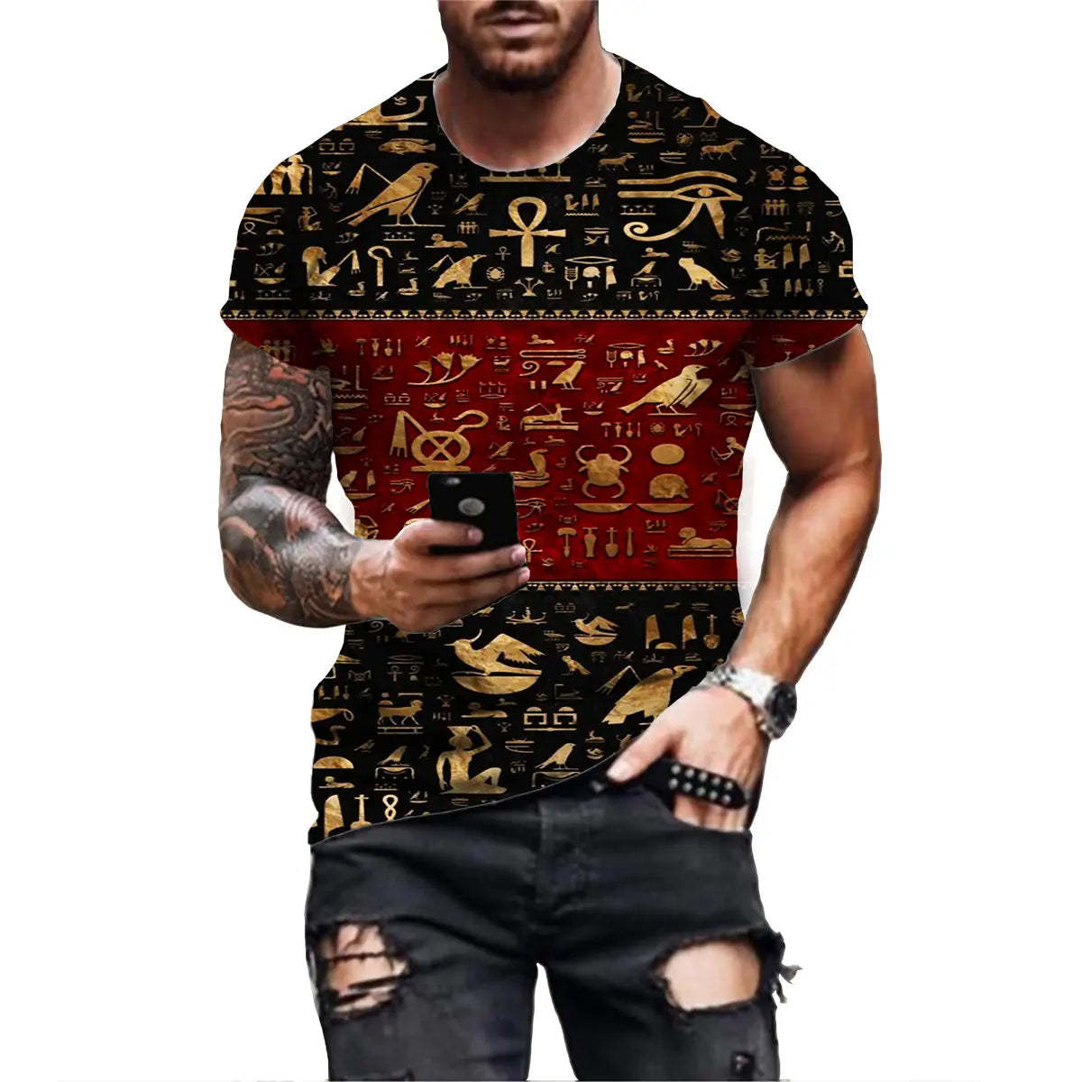 3D Digital Printing Egyptian Pharaoh Round Neck Short Sleeve